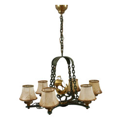 Swedish Brass and Bronze Six-Light Chandelier with Ship Decoration - Chandeliers