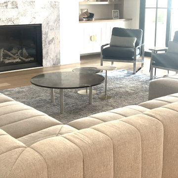 Ribbed Violet stone fireplace and channel Sectional Sofa