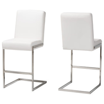 Faux Leather Upholstered Stainless Steel Counter Stool, Set of 2, White