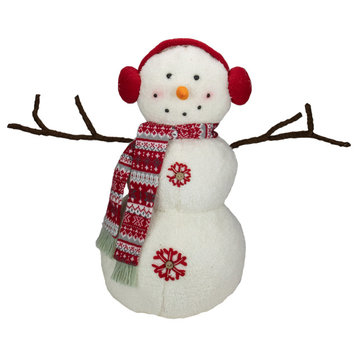 21.5" White and Red Snowflake Sherpa Plush Snowman Christmas Decoration