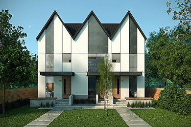 Diseño de fachada de casa pareada blanca campestre grande de tres plantas con revestimiento de estuco, tejado a dos aguas y tejado de metal