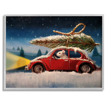 Mouse Driving Through Snow Winter Holiday Tree, 24 x 30