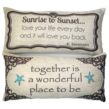 Tan Beach Message Pillow With Silver Shell and Aqua Starfish Pins