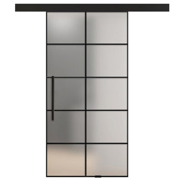 Frameless Industrial Style, Frosted Glass Sliding Barn Door with Black Hardware, 32"x84" Inches, T-Handle Bars