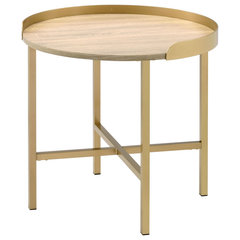 Benzara BM250257 Wood End Table Round Tray Top Metal Accent