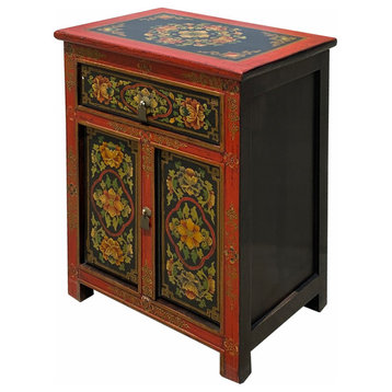 Tibetan Oriental Black Orange Red Floral End Table Nightstand Hcs6949
