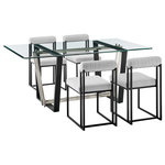 Armen Living - Kai Anastasia Rectangular Glass Dining Table 5pc Set, Light Gray Fabric Chairs - Give a sophisticated upgrade to your dining area with the Kai Anastasia Dining Set by Armen Living. This set includes 1 Kai Rectangular Glass Dining Table with Metal base and 4 Anastasia Upholstered Dining Chairs. The crisp and clean-lined design of our dining set offers modern drama and elegance. The rectangular, glass tabletop beautifully balances on a streamlined metal base. The sharp angles and contrasting finishes lend a touch of polish and definition to our dining table. It serves as a brilliant complement to our Anastasia dining chairs. The Anastasia's cushioned backrest and padded seat showcase a neat channeling detail that provides texture for a chic and inviting look. Creating a beautiful contrast with the sleek frame and comfortable cushions, these dining chairs are set to make a stylish impact. The chair is upholstered in performance fabric or smooth faux leather to offer easy care and maintenance. Together, this dining set can bring an elevated tone to your kitchen, dining room, or living space. It serves as the perfect spot to enjoy dinners, engaging conversations, and activities. With sturdy construction and high-quality materials, our dining set will continue to bring style and comfort to your home. The Kai Anastasia 5 Piece Rectangular Glass Dining Table Set is available in matching finishes and a variety of colors, or sold separately to achieve any look you desire.