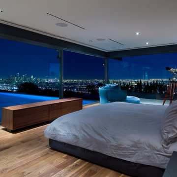 Hopen Place Hollywood Hills modern home glass walled bedroom with pool views