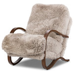 ZINHOME - Tobin Chair-Taupe Mongolian Fur - Ethically sourced authentic Mongolian sheepskin covers this unique statement chair, featuring removable feather-foam cushions. A cantilever-like wooden frame pairs with a webbed suspension seat to offer a true sink-in sit.