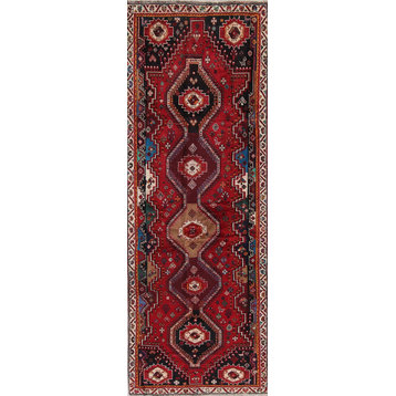 Consigned, Vintage Handmade Persian Oriental Low Pile Carpet, Red, 10'8"X3'11"