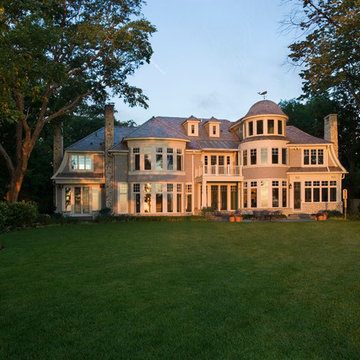 Lake Side Elevation of Cape Cod Stone and Shingle Style House