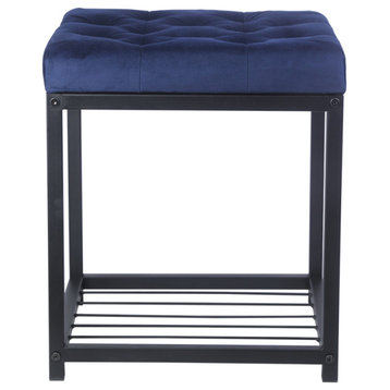 Blue Tufted Square Upholstered Ottoman Bench