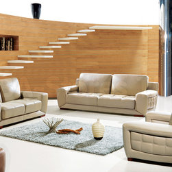 Modern Italian Leather Living Room Set in Beige Finish - Sofas