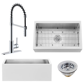 30" Single Bowl Farmhouse Solid Surface Sink and Faucet Kit, Polished Chrome