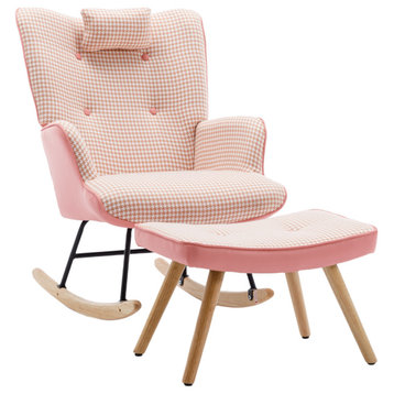 TATEUS 35.5 inch Rocking Chair with Footrest Soft Houndstooth Fabric , Pink