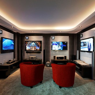 Inspiration for a mid-sized contemporary enclosed carpeted and green floor home theater remodel in Berlin with brown walls and a wall-mounted tv