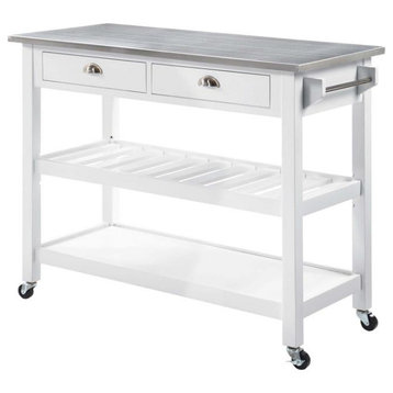 American Heritage Stainless Steel Top Kitchen Cart in White Wood Finish