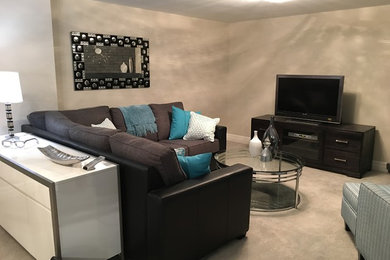 Example of a mid-sized transitional enclosed carpeted family room design in Toronto with gray walls, a corner fireplace and a brick fireplace