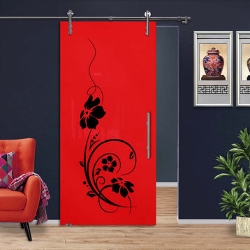 Sliding Glass Barn Door Black and Red Back Painted with Design, 40"x81", Red Back Painted