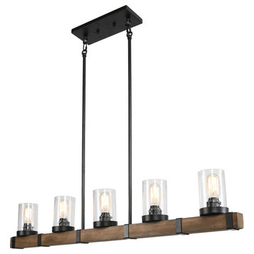5-Light Rustic Linear Wood Chanderlier With Glass Shade