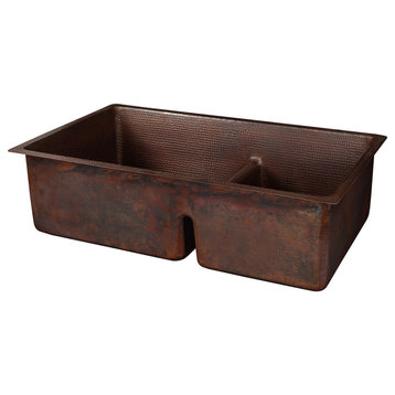 33" Hammered Copper Kitchen 60/40 Double Basin Sink With Short 5" Divider