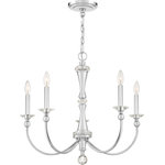 Quoizel - Quoizel Mila 5 Light Chandelier, Polished Chrome - The Mila is a traditional style collection with a touch of modern elegance. Sweeping arms create a slim silhouette and the exposed candelabra bulbs give off a bright glow. This fixture is finished in Polished Chrome and highlighted with a crystal finial and bobeches for a glamorous look that will easily complement any decor.