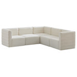 Meridian Furniture - Quincy Velvet Upholstered 5-Piece L-Shaped Modular Sectional, Cream - Show them all that less is more with the minimalist look of this Quincy velvet cloud-like comfort modular sectional. This elegant chair features a simple design that's all about comfort and modern style. The soft cream velvet upholstery is sleek to the touch, and the back of the unit features deep horizontal channel tufting for a look that wows. Because this is a modular seating option, you can pair it easily with other items in the Quincy collection to create a look you love. Latches underneath make it easy to mix and match items from the collection.