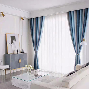 QYFL224A On Sales Petrel Blue Grey Stripe Chenille Custom Made Curtains