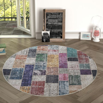 Chiara Rose Home and Kitchen Rubber Back Non-Skid/Slip Area Rug, 4'7" Round
