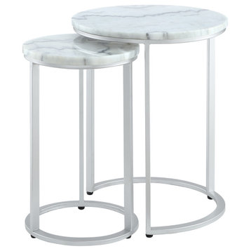 2-Piece Inspired Home Araya End Table, Round Marble/Stackable, Silver