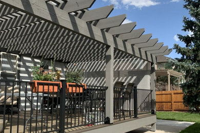Example of a large trendy backyard metal railing deck design in Other with a pergola