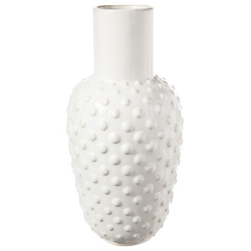 Round Ceramic Vase with Embossed Dotted Pattern Design Gloss White Finish, Large
