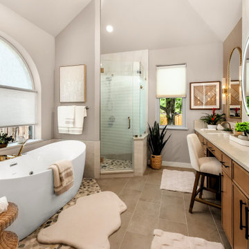 Warm Transitional Primary Bathroom Remodelm Remodel