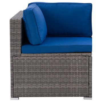 CorLiving Patio Sectional Corner Chair Grey With Oxford Blue Fabric Cushions
