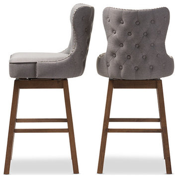 Gradisca Brown Wood and Tufted Swivel Barstool, Set of 2, Gray