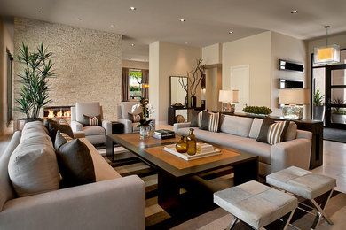 Inspiration for a contemporary living room in Phoenix with a stone fireplace surround.