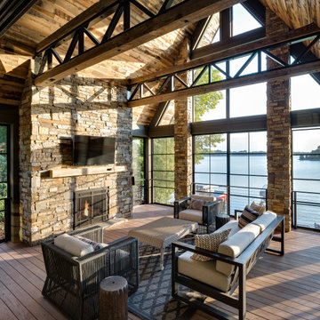 Reclaimed Wood Ceiling Paneling and Beams in a Modern Rustic Lakeside Porch