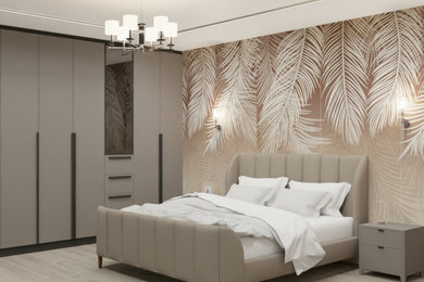 Imagen de dormitorio principal y blanco y madera contemporáneo grande con paredes marrones, suelo beige y papel pintado