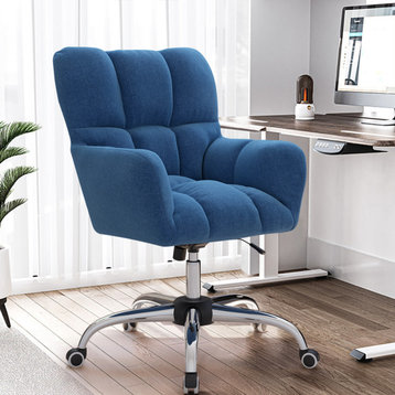 Modern Office Chair Upholstered Cotton&Linen Swivel Task Chair Height Adjustable, Blue