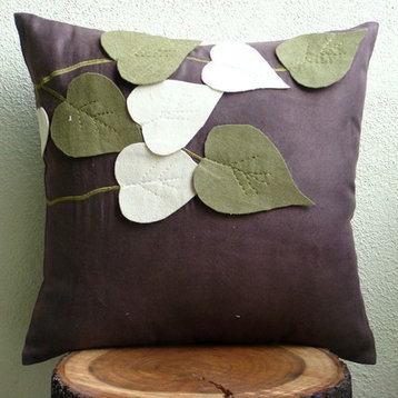 Brown Chair Throws Faux Suede 20"x20" Leaves Applique, Oliveleafyday