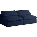 Meridian Furniture - Serene Linen Textured Fabric Deluxe Comfort 2-Piece Modular Sofa, Navy - There's lots to love about the Serene linen textured deluxe cloud-like comfort modular collection, and this piece is not an exception. The soft navy linen textured fabric is cozy and sleek to the touch while the overstuffed down/feather cushions provide gentle support so you can relax and unwind like a VIP. Customize your seating with this modular set by adding the pieces you like most. Latches under each piece make it easy to snap them into position for a look that's modern yet welcoming.