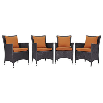 Set of 4 Patio Dining Chair, Brown Rattan Frame and Comfortable Cushion, Orange