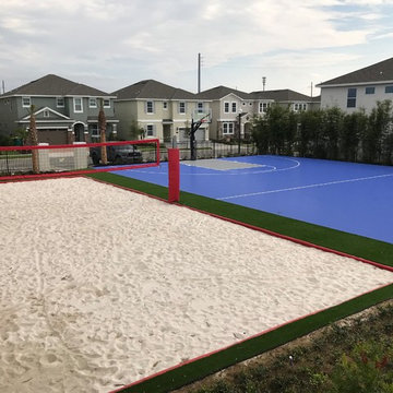 Completed project with sand pit volleyball court and basketball court