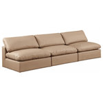 Meridian Furniture - Comfy Upholstered Modular Sofa, Tan, 3-Piece: 3 Armless Chair, Vegan Leather - Give your space a whole new look with this tan Comfy vegan leather sofa. This handsome sofa fits nicely with other items in the Comfy collection and is a versatile seating option designed for adaptability, comfort and style. Wrapped in rich tan durable vegan leathered upholstery, this sofa offers a plush embrace of overstuffed down feather cushions, carefully crafted to deliver the highest level of comfort. The perfect seat for creating an oasis for relaxation, this sofa has thick foam surrounding its frame for added support and coziness.