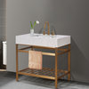 Merano Stainless Steel Vanity Console With Aosta White Stone Countertop, Brushed Gold, 36", No Mirror