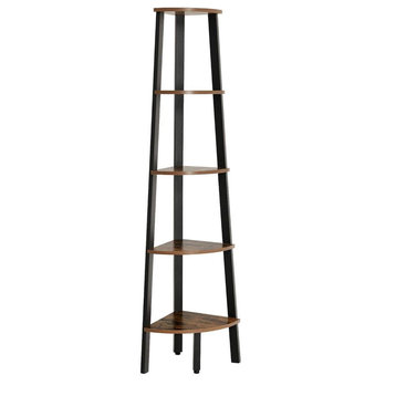 Five Tier Ladder Style Wooden Corner Shelf With Iron Framework, Brown And Black