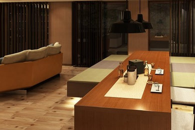 Diseño de salón para visitas abierto de estilo zen de tamaño medio con paredes beige, suelo de madera clara y televisor independiente