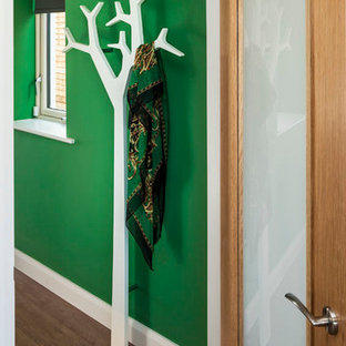 Idée de décoration pour un couloir design de taille moyenne avec un mur vert et sol en stratifié.