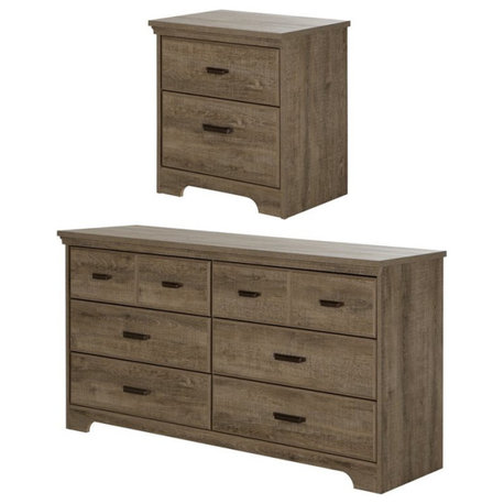 South Shore Versa 6 Drawer Dresser with Nightstand in Weathered Oak