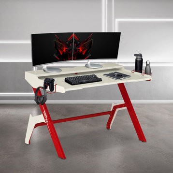 Ergonomic Computer Gaming Desk With Cupholder and Headphone Hook, Red